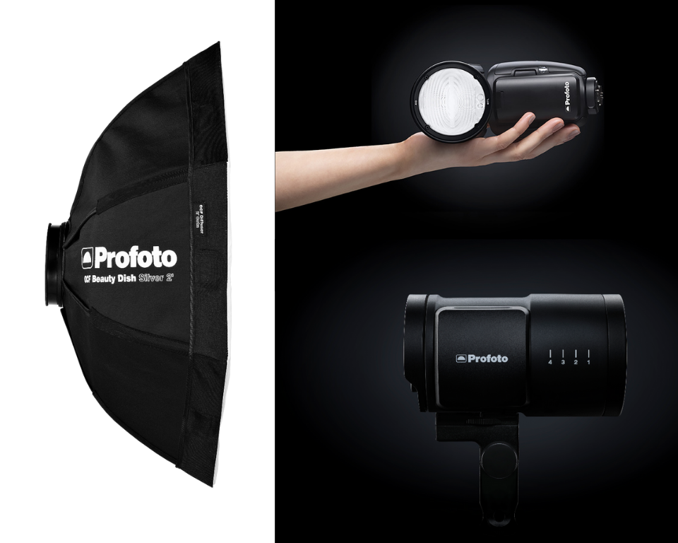 Collage of images displaying OCF Profoto beauty dish silver 2 (on the left),  and two other Profoto lights on the right 