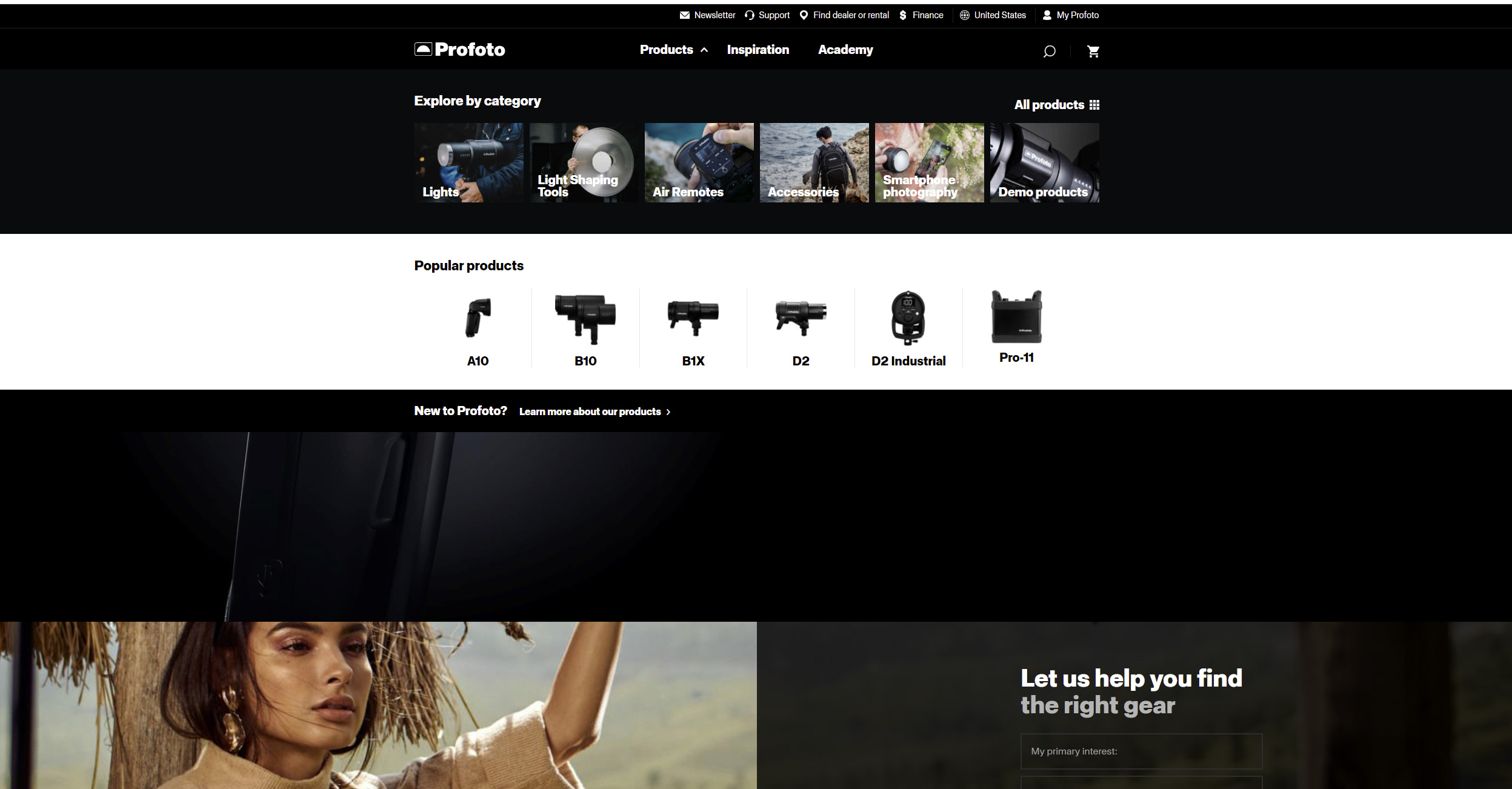 Screenshot of Profoto's web page displaying its popular products