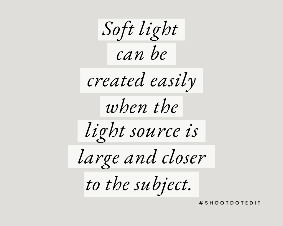 Infographic stating soft light can be created easily when the light source is large and closer to the subject 