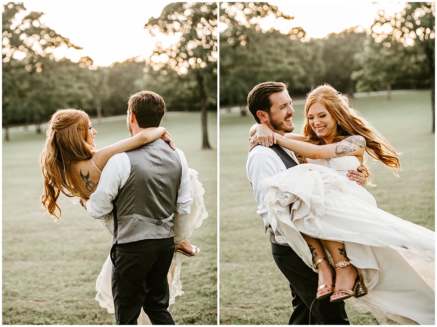 A collage of two pictures displaying a groom swaying the bride as he picks her up 