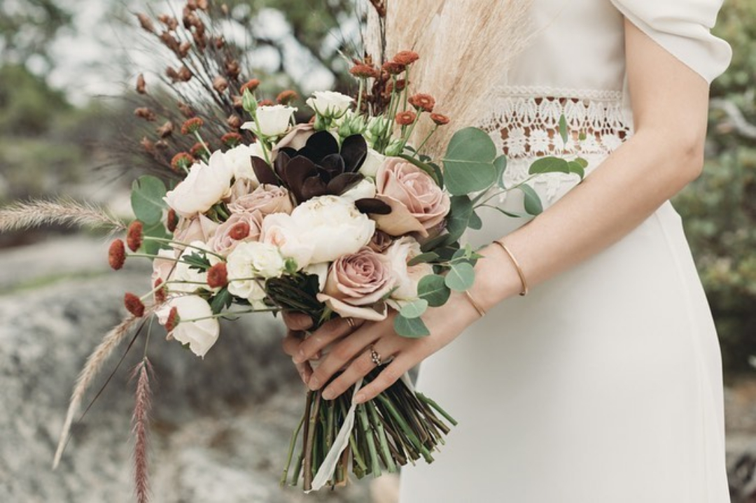 A close up shot of a bridal bouquet
