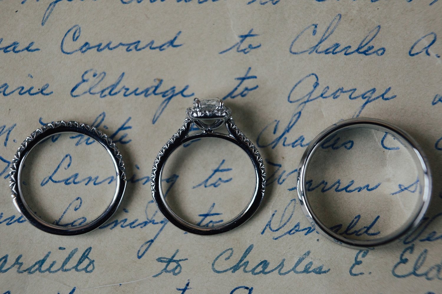 A close up shot of three wedding rings