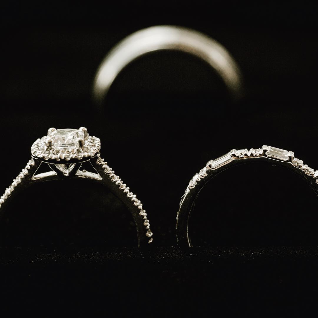 A close shot of three wedding rings with black background