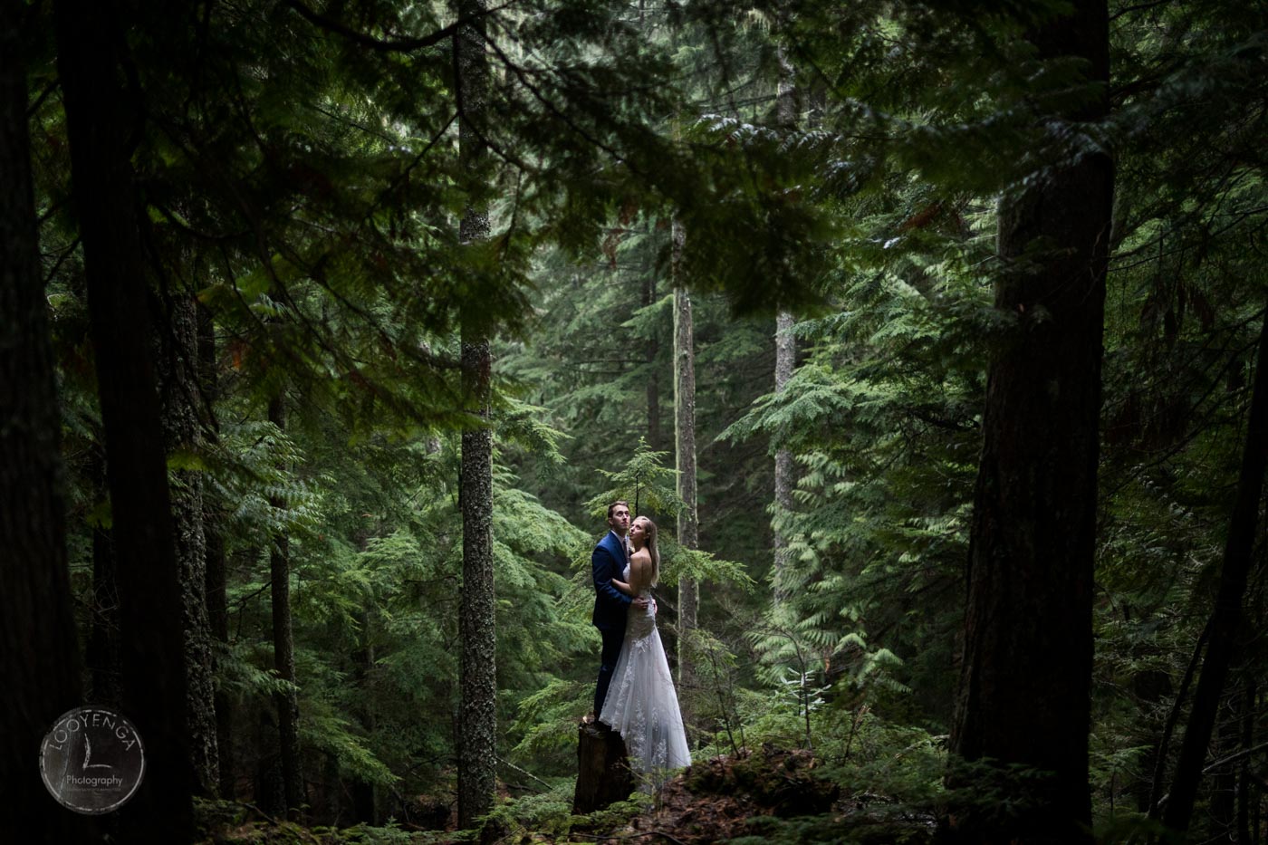 A bride and groom posing amidst the wilderness