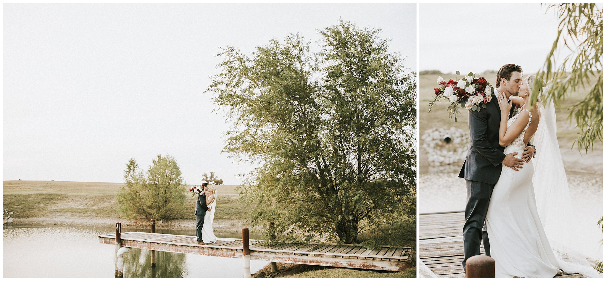 a collage of a newly married couple kissing while standing on the pier of a lake